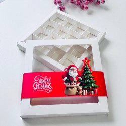 16 Bölmeli Pencereli Bonbon Çikolata Kutusu-Yılbaşı Şeritli Noel Baba
