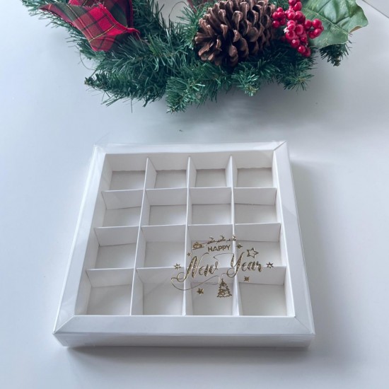 16 Bölmeli Asetat Kapaklı Bonbon Çikolata Kutusu Yaldız