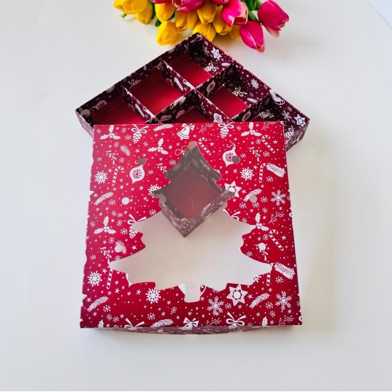 21x21x4 Pencereli Çam Ağacı Tasarım Karton Kutu (9 Bölmeli)