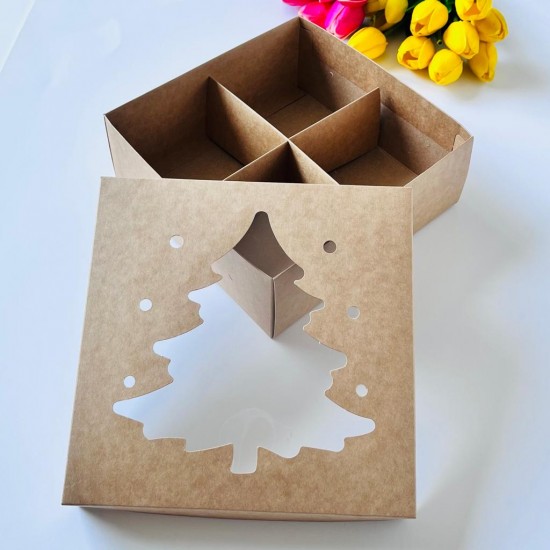 21x21x8 Çam Ağacı Tasarım Karton Kutu 4 Bölmeli