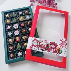 28 Bölmeli Pencereli Bonbon Çikolata Kutusu-Yılbaşı Şeritli Kardan Adam