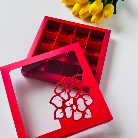 16 Bölmeli Çiçek Tasarım Çikolata Kutusu-Kırmızı Simli 16 Bölmeli Çiçek Tasarım Çikolata Kutusu-Kırmızı Simli