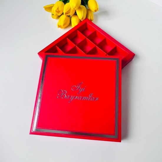 16 Bölmeli Çikolata Kutusu Gümüş Yaldız-İyi Bayramlar