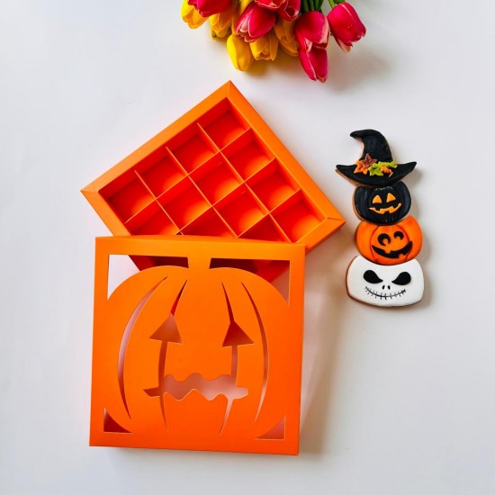 16 Bölmeli Bal Kabağı Tasarım Halloween Çikolata Kutusu-Madlen Uyumlu