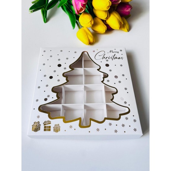 16 Bölmeli Çam Ağacı Tasarım Çikolata Kutusu-Merry Christmas 