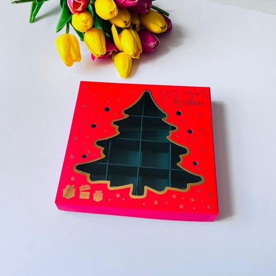 16 Bölmeli Çam Ağacı Tasarım Çikolata Kutusu-Merry Christmas 