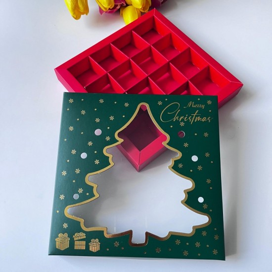 16 Bölmeli Çam Ağacı Tasarım Çikolata Kutusu-Merry Christmas 