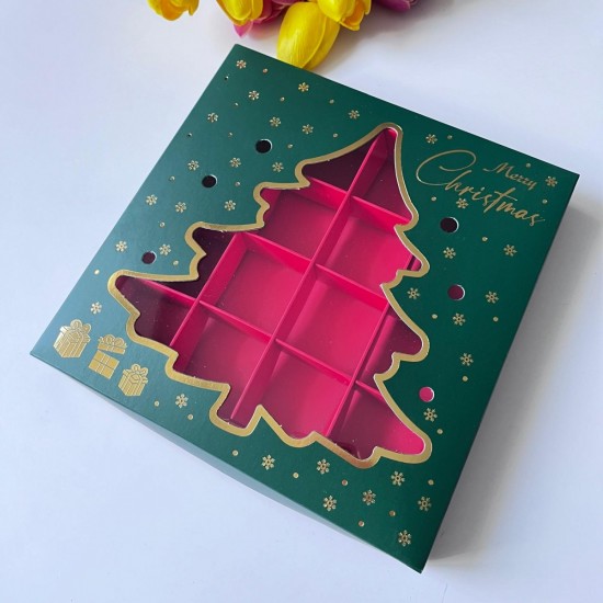 16 Bölmeli Çam Ağacı Tasarım Çikolata Kutusu-Merry Christmas 