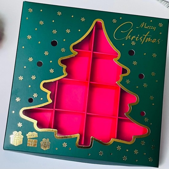 16 Bölmeli Çam Ağacı Tasarım Çikolata Kutusu-Merry Christmas 