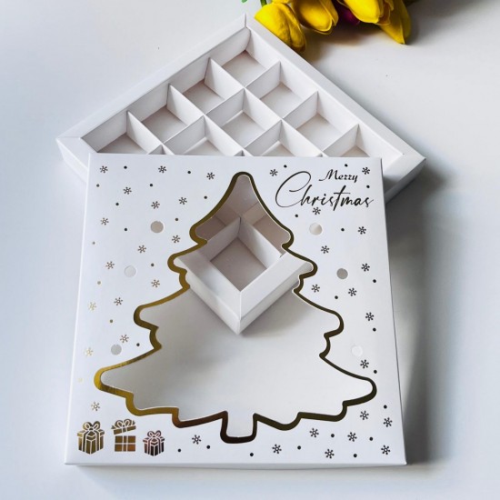 16 Bölmeli Çam Ağacı Tasarım Çikolata Kutusu-Merry Christmas 