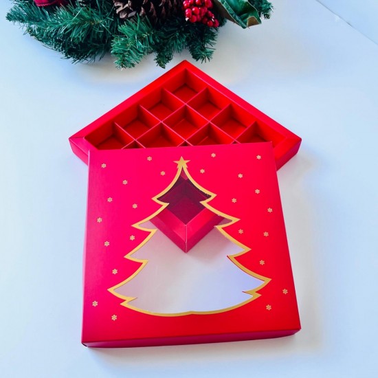 16 Bölmeli Çam Ağacı Tasarım Çikolata Kutusu Gold Yaldız 