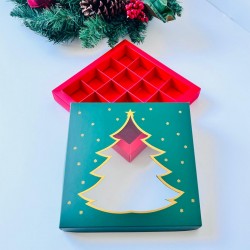 16 Bölmeli Gold Yaldız Çam Ağacı Çikolata Kutusu (kırmızı-yeşil)