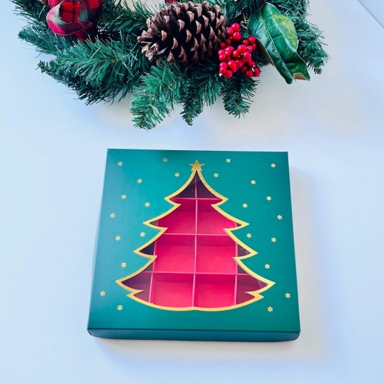 16 Bölmeli Gold Yaldız Çam Ağacı Çikolata Kutusu (kırmızı-yeşil)