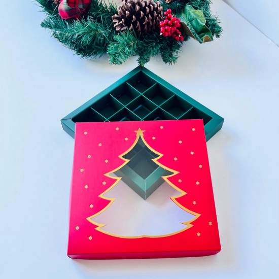 16 Bölmeli Çam Ağacı Tasarım Çikolata Kutusu Gold Yaldız (kırmızı-yeşil)