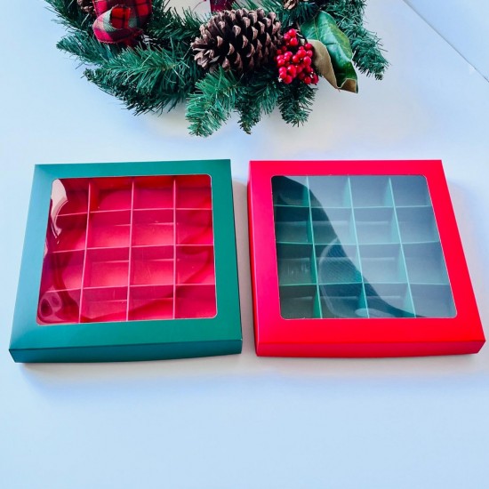 16 Bölmeli Pencereli Bonbon Çikolata Kutusu Yılbaşı (Yeşil-Kırmızı)