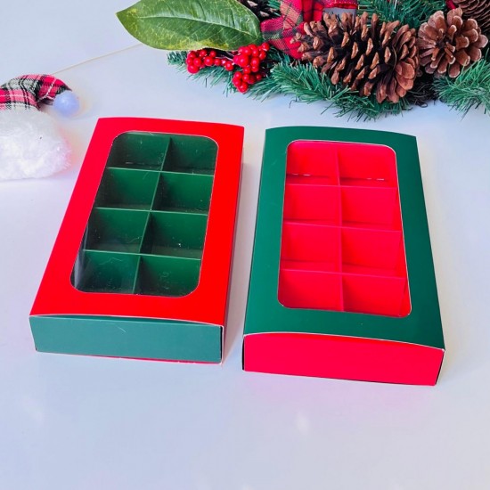 8 Bölmeli Pencereli Sürgülü Çikolata Kutusu (Yeşil-Kırmızı)