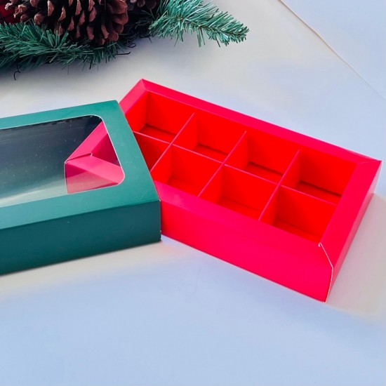 8 Bölmeli Pencereli Sürgülü Çikolata Kutusu (Yeşil-Kırmızı)