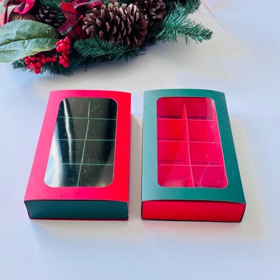 8 Bölmeli Pencereli Sürgülü Çikolata Kutusu (Yeşil-Kırmızı)