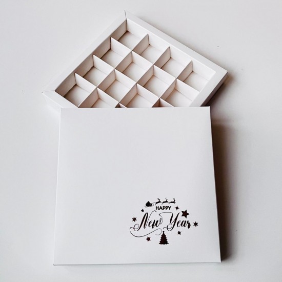 16 Bölmeli Yılbaşı Temalı Yaldız Baskılı Bonbon Çikolata Kutusu 