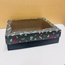 25x30x9 Pencereli Karton Kutu Yılbaşı Desen (Alt sıyah-üst yeşil)