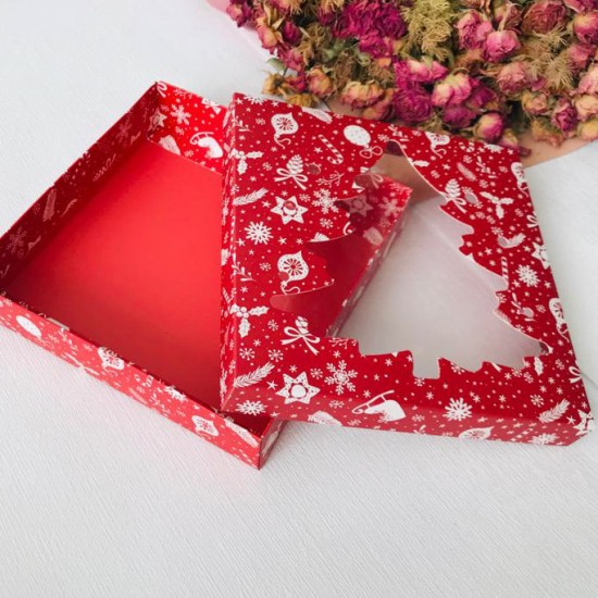 21x21x4 Pencereli Çam Ağacı Tasarım Karton Kutu