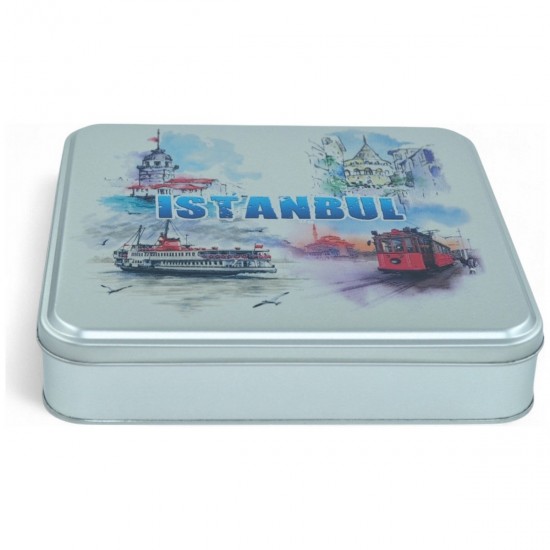 Özel  Baskılı 218x218x40 mm Mat Gümüş Kare Metal Kutu