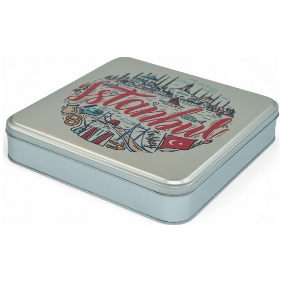 Özel  Baskılı 218x218x40 mm Mat Gümüş Kare Metal Kutu