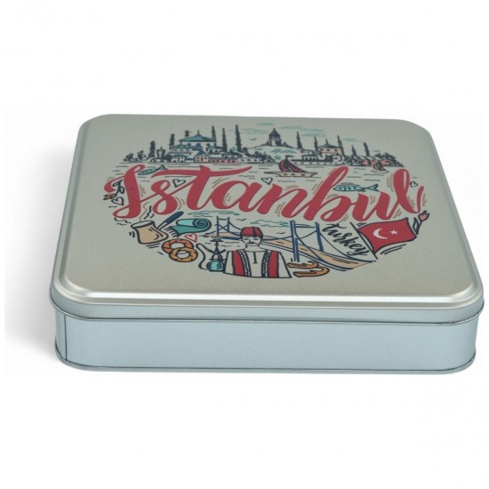 Özel  Baskılı 218x218x40 mm Mat Gümüş Kare Metal Kutu