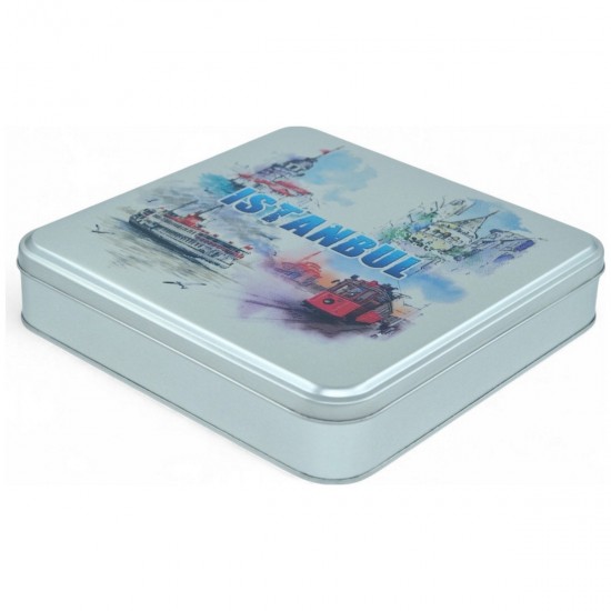 Özel  Baskılı 218x218x40 mm Mat Gümüş Kare Metal Kutu