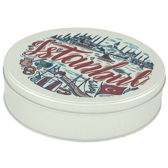 Özel  Baskılı 215 mm Çap Mat Beyaz Yuvarlak Metal Kutu