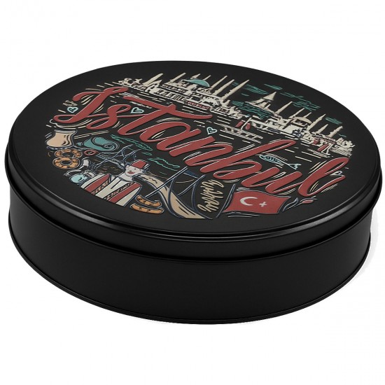 Özel  Baskılı 215 mm Çap Mat Siyah Yuvarlak Metal Kutu