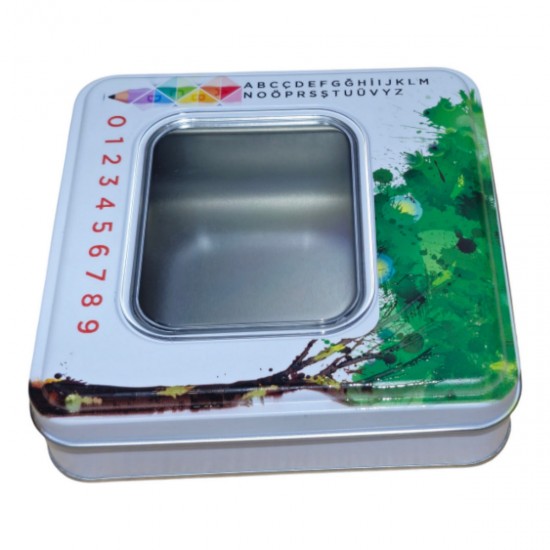 Özel  Baskılı 160x160x40 mm Pencereli Kare Metal Kutu
