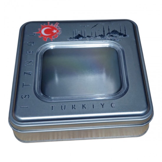 Özel  Baskılı 198x198x45 mm Pencereli Kare Metal Kutu