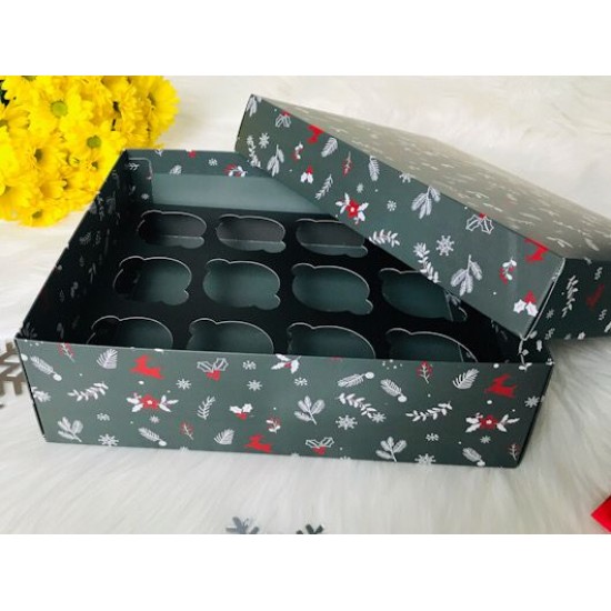 25x30x9 Karton Cupcake Kutusu Yılbaşı Desen 12'li