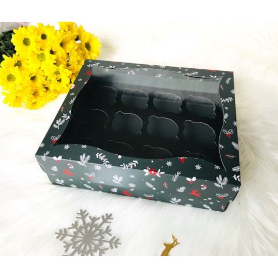 25x30x9 Pencereli Cupcake Kutusu Yılbaşı Desen 12'li 25x30x9 Pencereli Cupcake Kutusu Yılbaşı Desen 12'li
