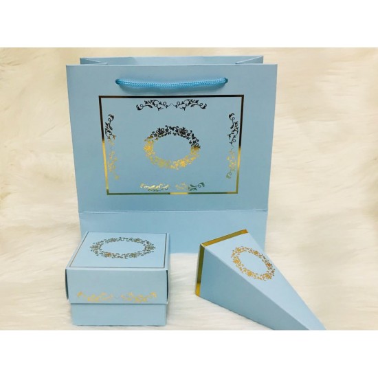 Karton Çanta Mavi Gold Yaldız Desen